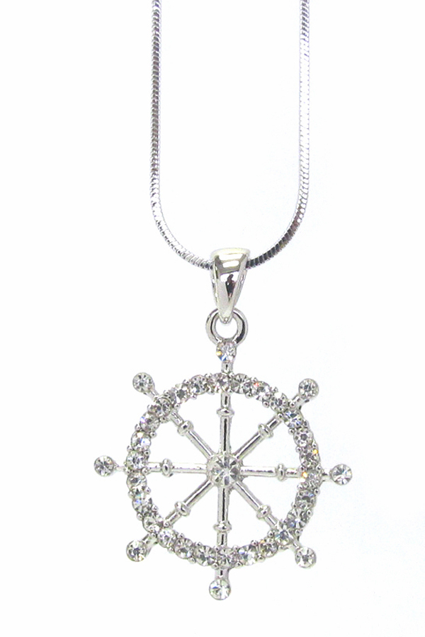 WHITEGOLD PLATING CRYSTAL NAUTICAL WHEEL PENDANT NECKLACE