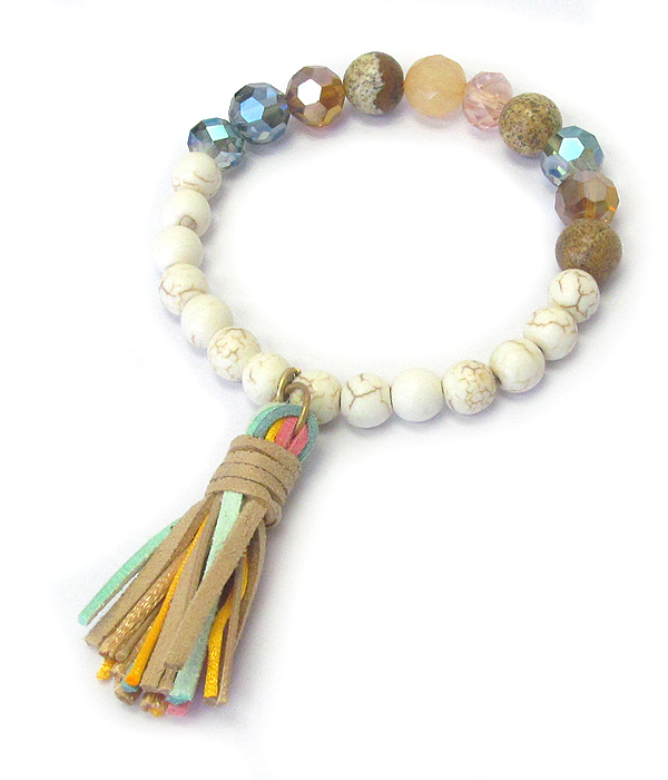 LEATHERETTE TASSEL AND MULTI STONE MIX STRETCH BRACELET