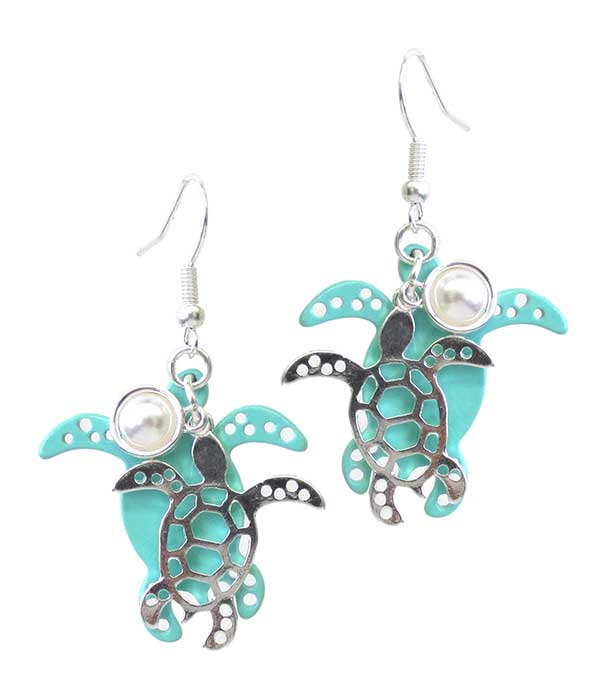 SEALIFE THEME METAL FILIGREE AND ENAMEL COAT EARRING - TURTLE