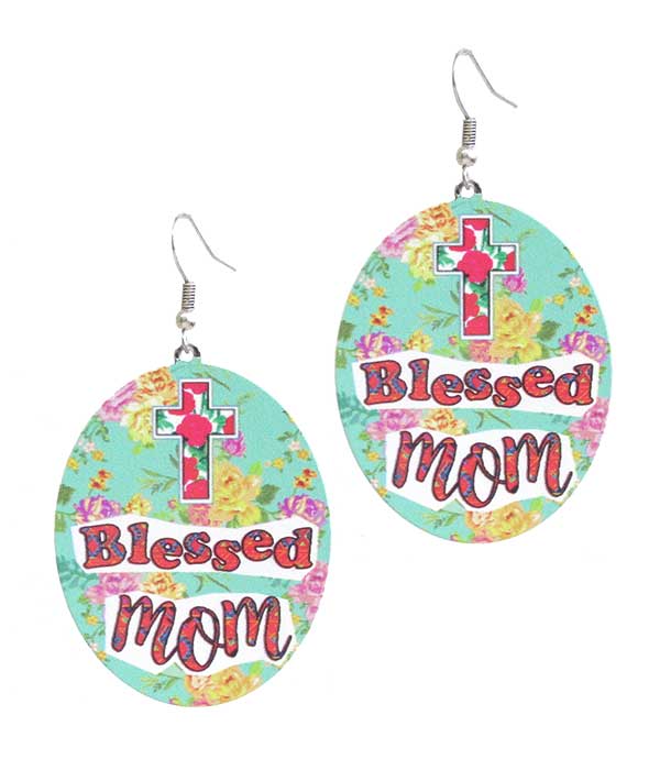 Mother theme oval metal earring - blessed mom