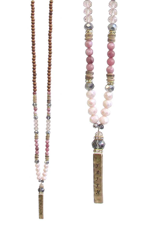 RELIGIOUS INSPIRATION METAL BAR PENDANT AND MULTI SEMI PRECIOUS STONE MIX LONG NECKLACE - FAITH