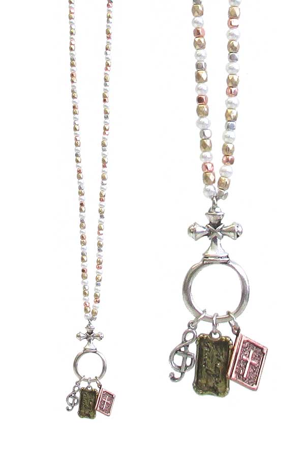 Religious inspiration multi charm dangle pendant and metal seedbead necklace - amazing grace