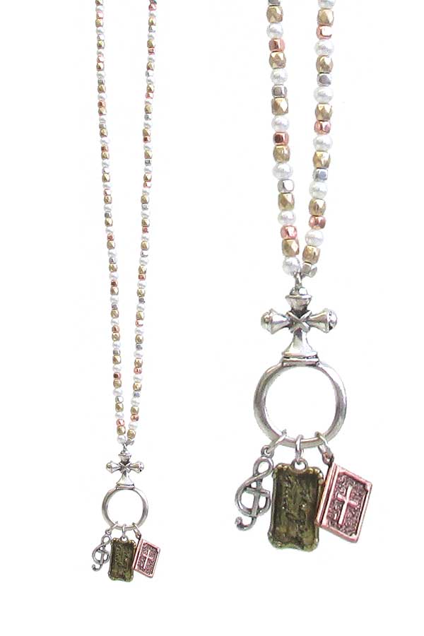 RELIGIOUS INSPIRATION MULTI CHARM DANGLE PENDANT AND METAL SEEDBEAD NECKLACE - AMAZING GRACE