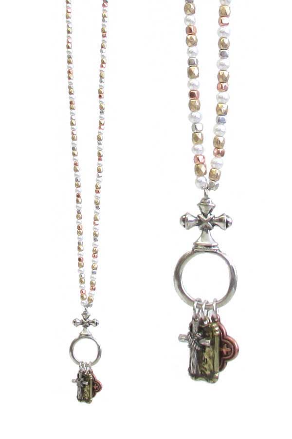 RELIGIOUS INSPIRATION MULTI CHARM DANGLE PENDANT AND METAL SEEDBEAD NECKLACE - JOHN 3:16