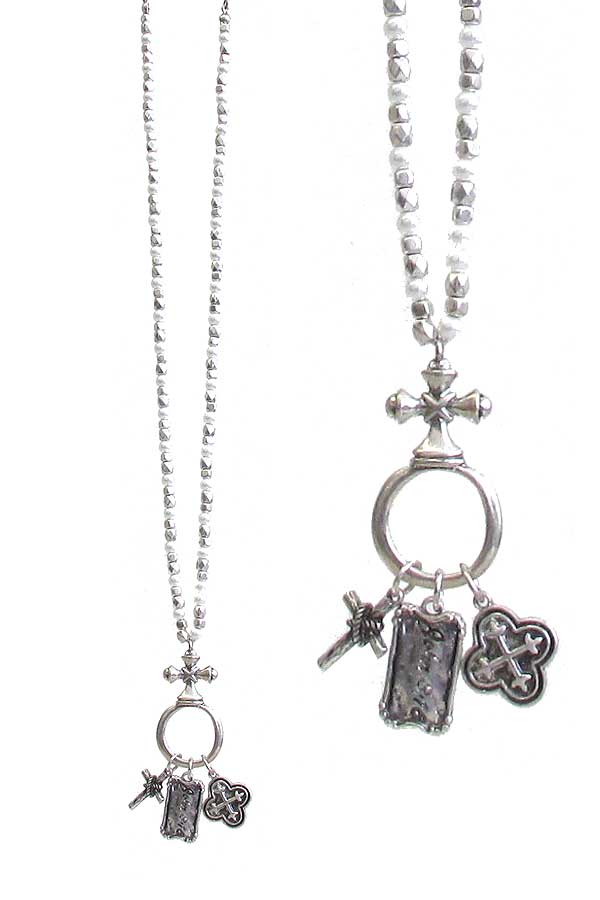 RELIGIOUS INSPIRATION MULTI CHARM DANGLE PENDANT AND METAL SEEDBEAD NECKLACE - JOHN 3:16