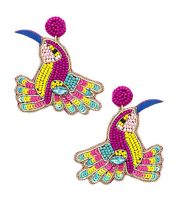 HANDMADE MULTI SEEDBEAD TROPICAL BIRD THEME EARRING - HUMMING BIRD