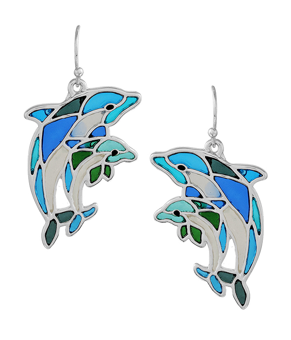 Sealife theme stained glass window inspired mosaic earring - dolphin