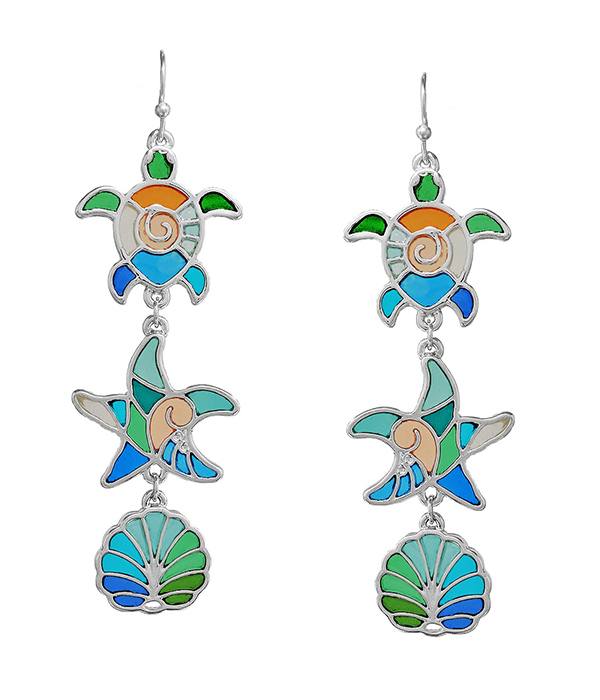 SEALIFE THEME STAINED GLASS WINDOW INSPIRED MOSAIC DANGLE DROP EARRING - TURTLE STARFISH SHELL