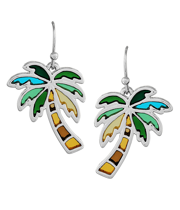 TROPICAL THEME STAINED GLASS WINDOW INSPIRED MOSAIC EARRING - PALM TREE