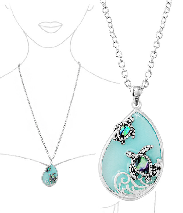 Sealife theme abalone teardrop necklace - turtle