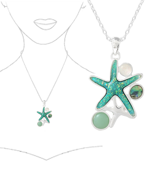 SEALIFE THEME OPAL AND ABALONE MIX PENDANT NECKLACE - STARFISH