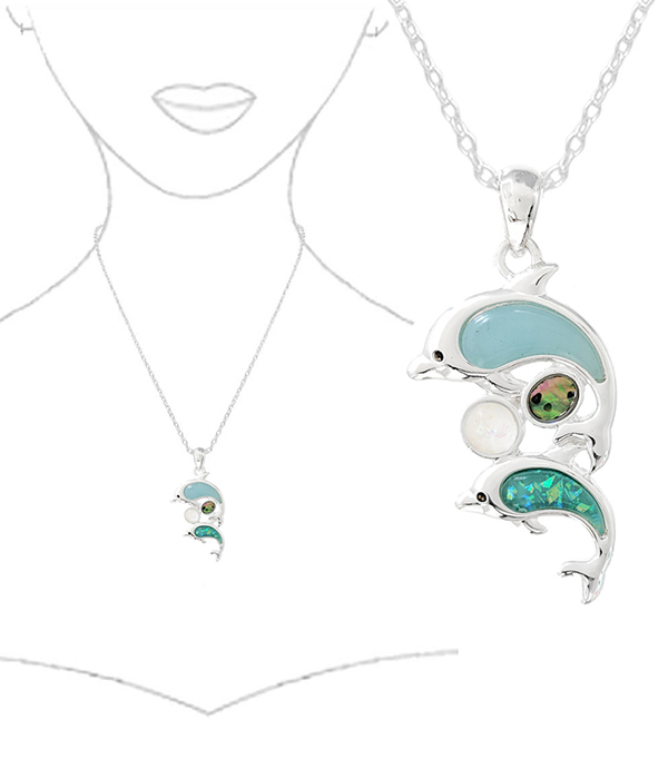 SEALIFE THEME OPAL AND ABALONE MIX PENDANT NECKLACE - DOLPHIN