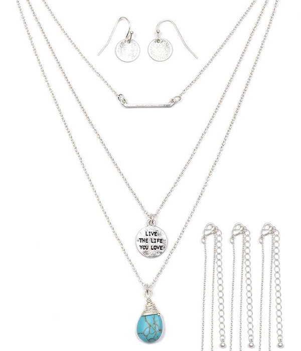 Handmade metal disk and turquoise message necklace set of 3 - live the life you love