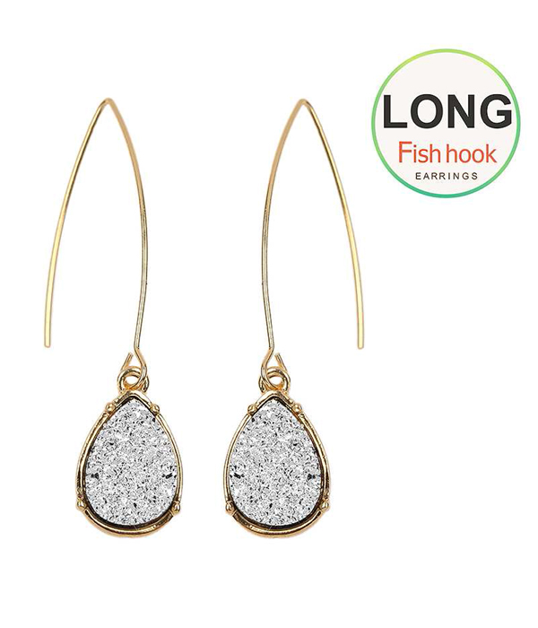 TEARDROP DRUZY FISH HOOK LONG DROP EARRING