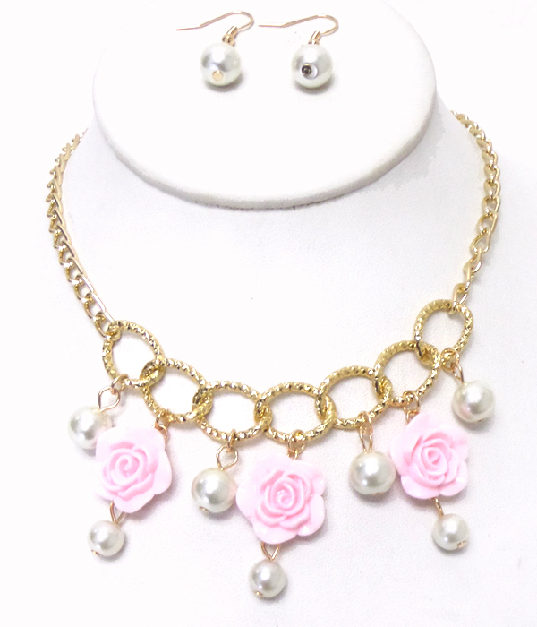 Roses drop with pearl metal chain necklace set 