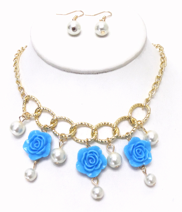 Roses drop with pearl metal chain necklace set