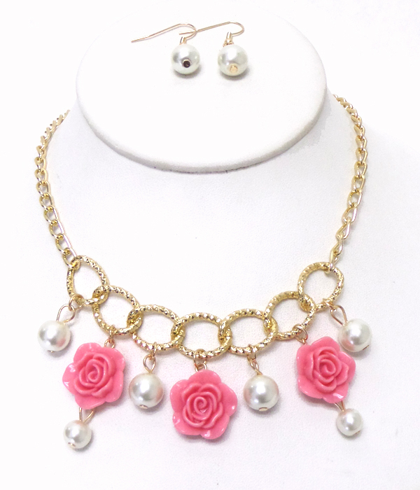 Roses drop with pearl metal chain necklace set 