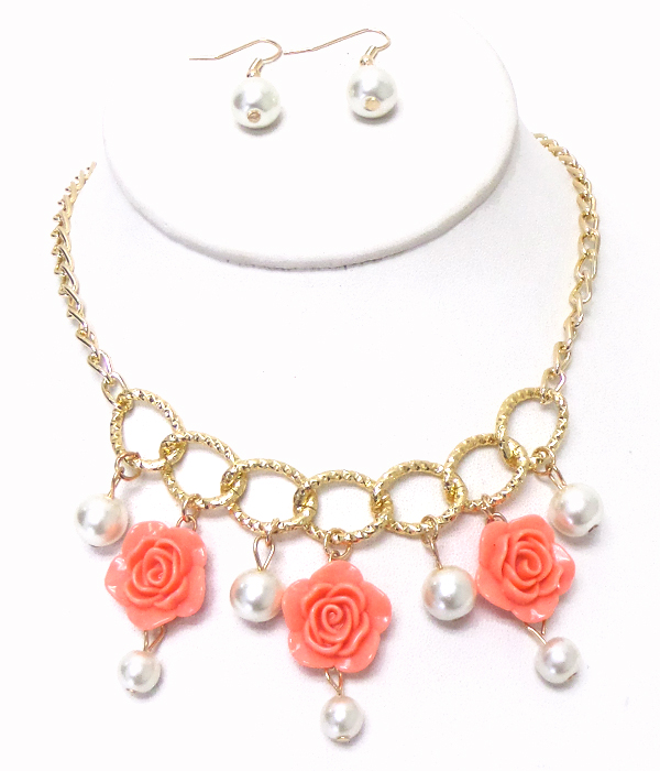 Roses drop with pearl metal chain necklace set