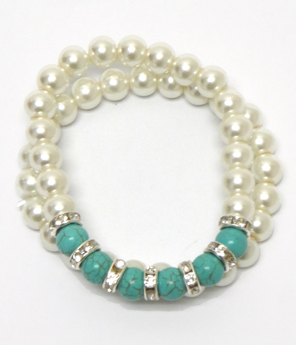 Turquoise stone and pearls with crystals bracelet