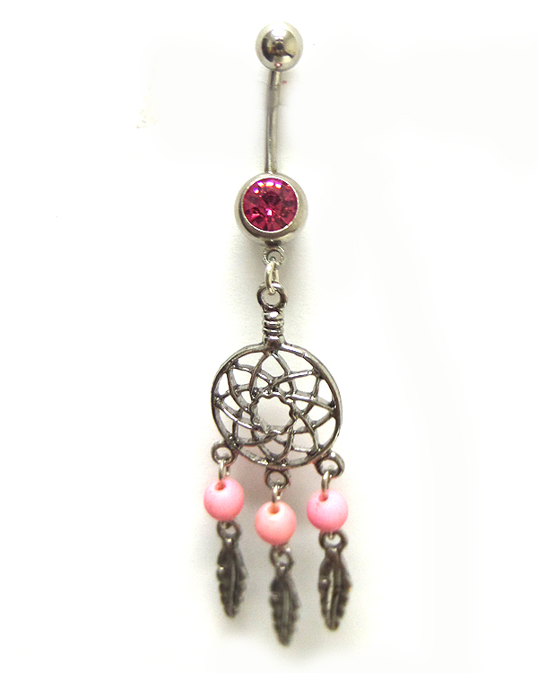 Surgical steel steel dream catcher with drop belly ring  navel ring