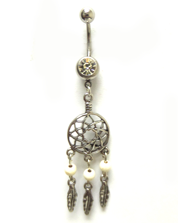 Surgical steel steel dream catcher with drop belly ring  navel ring