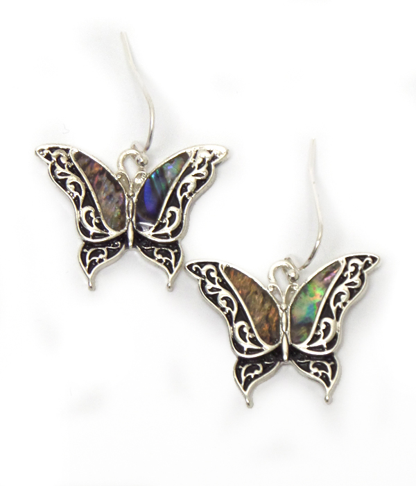 TAILORED DESIGN BUTTERFLY WITH ABALONE STONE FISH HOOK EARRINGS