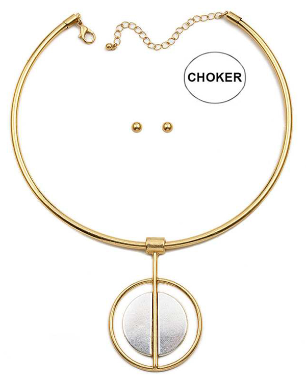 Geometric disk drop wire chocker necklace set