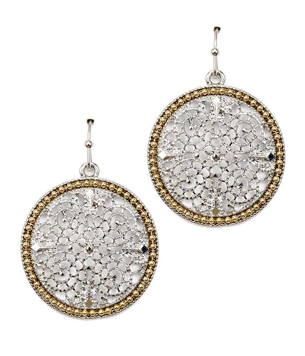 Metal filigree disk drop earring