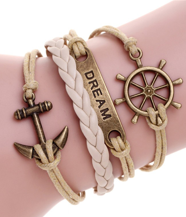 Multi row leatherette wrap bracelet - anchor wheel dream