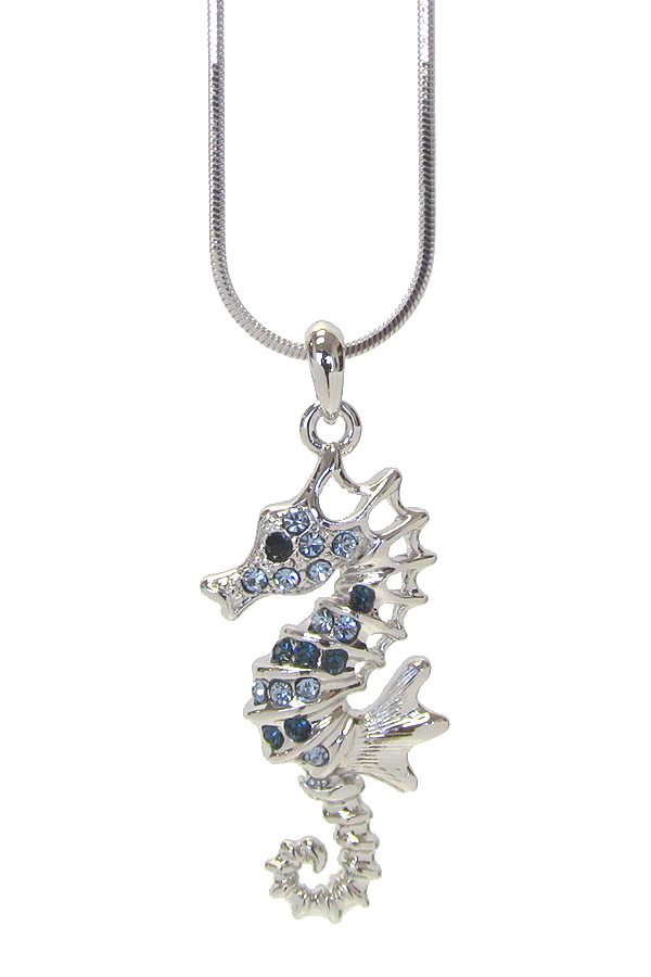 WHITEGOLD PLATING CRYSTAL SEA HORSE PENDANT NECKLACE