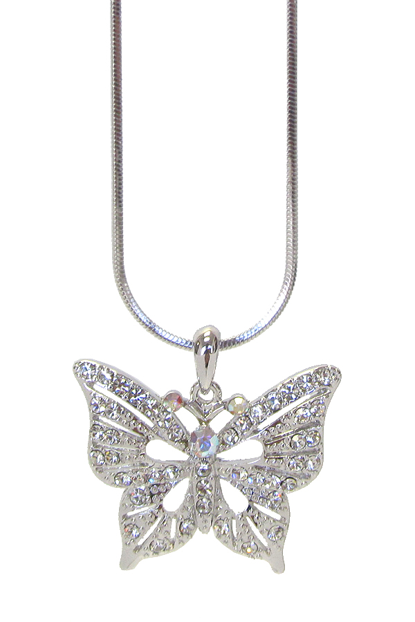 WHITEGOLD PLATING CRYSTAL BUTTERFLY PENDANT NECKLACE