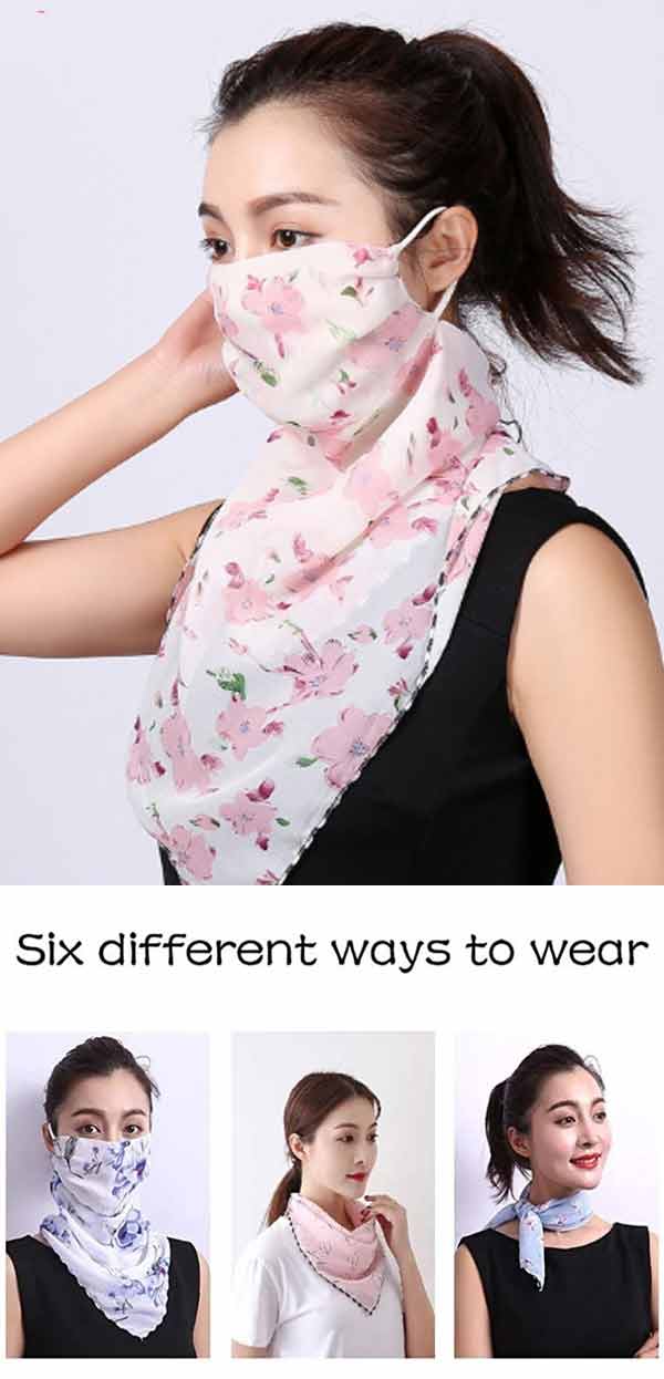 PEARL CHIFFON BREATHABLE SUNSCREEN FACE COVERING FACE MASK SCARF - ADJUSTABLE EAR LOOPS