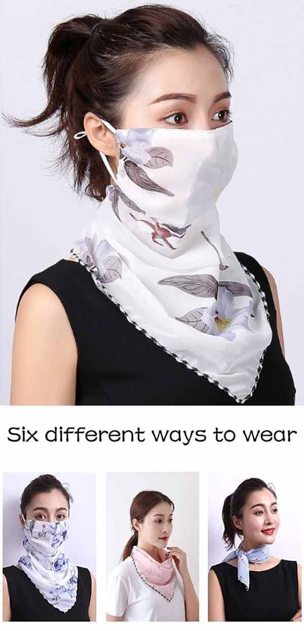 PEARL CHIFFON BREATHABLE SUNSCREEN FACE COVERING FACE MASK SCARF - ADJUSTABLE EAR LOOPS