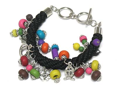 MULTI COLOR WOODEN BEADS DANGLE FABRIC WOVEN BRACELET