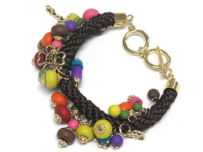 MULTI COLOR WOODEN BEADS DANGLE FABRIC WOVEN BRACELET