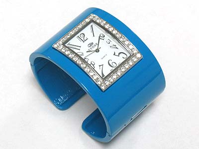 Crystal frame enamel metal fashion wide bangle watch