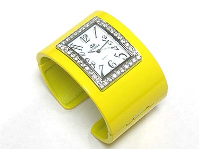 Crystal frame enamel metal fashion wide bangle watch