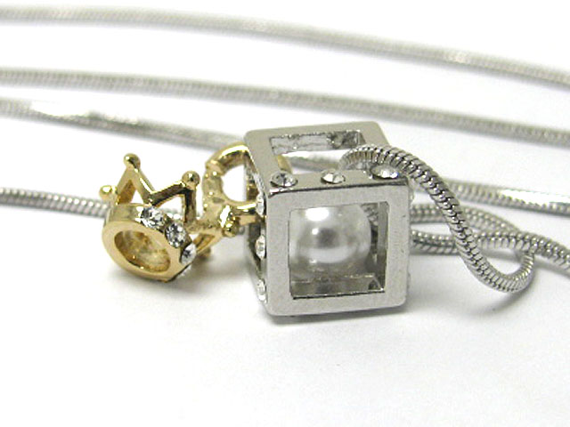 Made in korea whitegold plating crystal stud crown and pearl inside cube pendant necklace