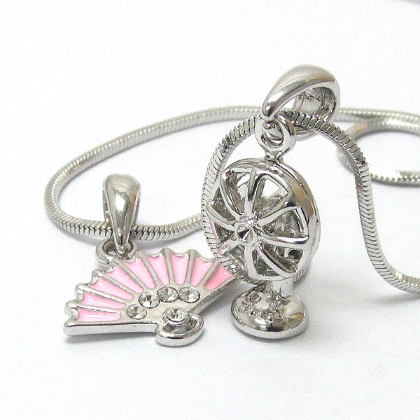 Made in korea whitegold plating crystal and epoxy art summer fan theme dual pendant neckalce