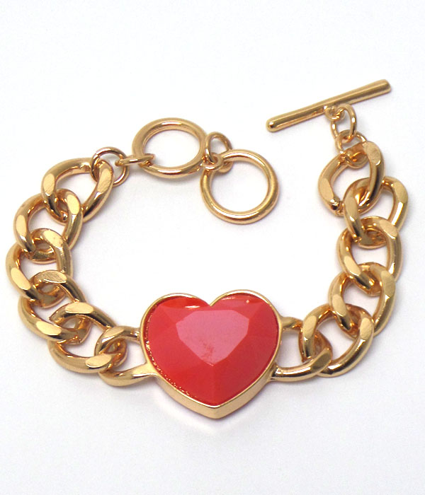 Facet heart stone and thick chain toggle bracelet -valentine