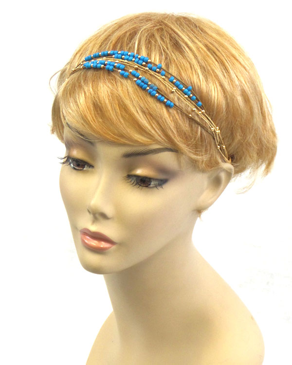 Seed bead fine chain and leatherette cord mix stretch headband