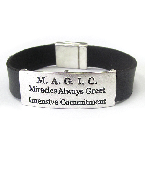 INSPIRATION MESSAGE PLATE AND LEATHER BAND MAGNETIC BRACELET - MAGIC