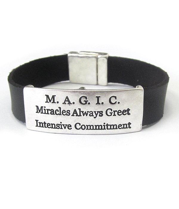 Inspiration message plate and leather band magnetic bracelet - magic