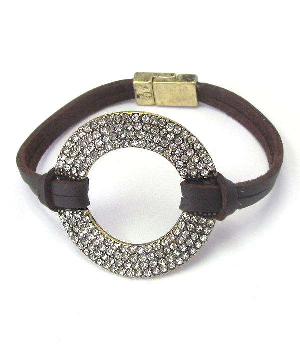 Crystal ring and leather band magnetic bracelet