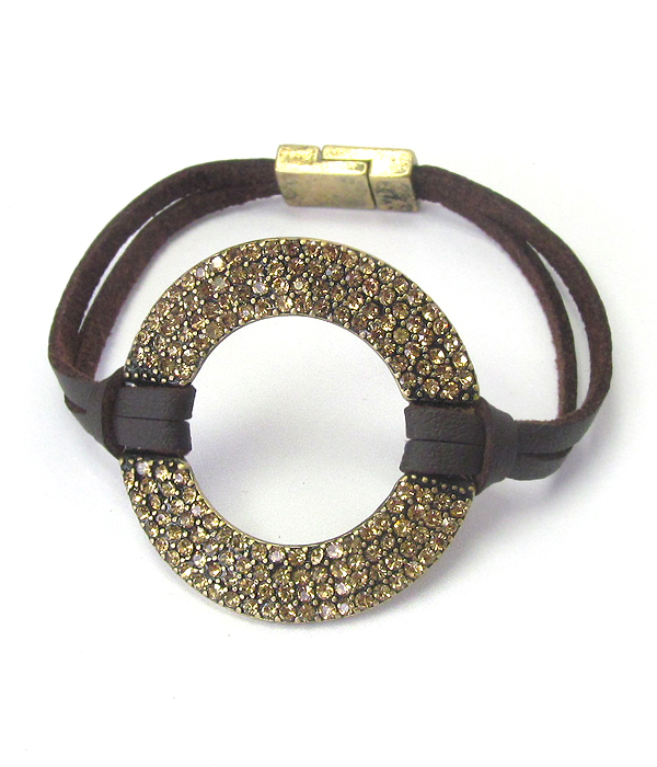 Crystal ring and leather band magnetic bracelet