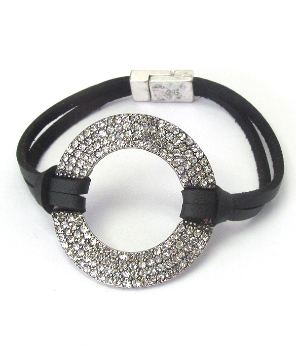 Crystal ring and leather band magnetic bracelet
