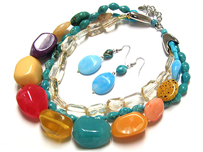 Multi layer large genuine stone cool beads necklaceand earring set