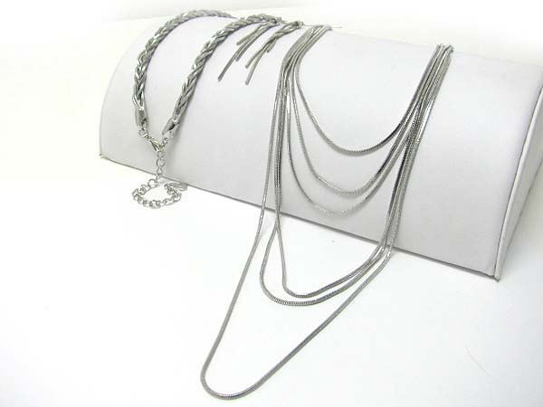 Bradied chain back multi layer long metal chain necklace earring set