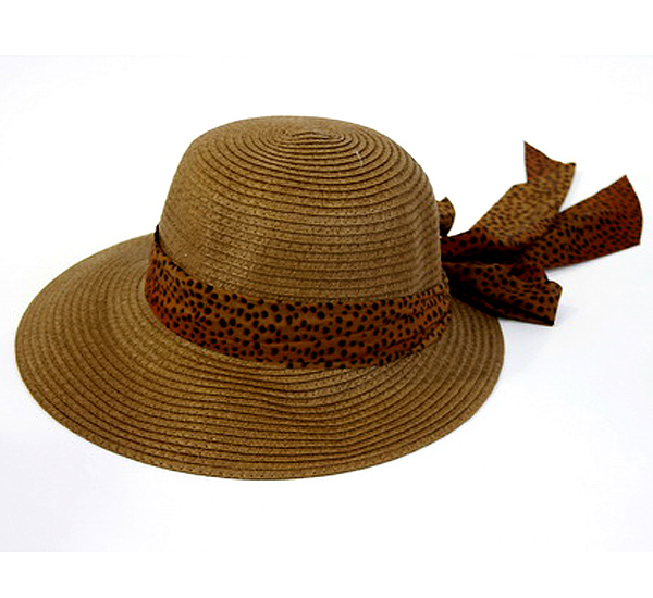 Paper straw short brim and animal print fabric tie hat