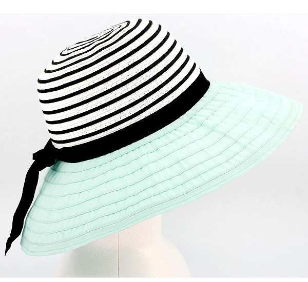 Two tone straw crown and fabric brim with wired edge and ribbon tie hat